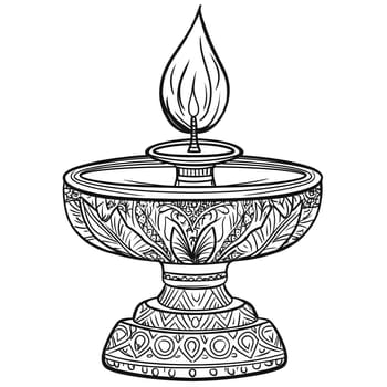 A detailed black and white line drawing of an ornate candle holder, the candle is lit, the holder is decorated with intricate patterns.