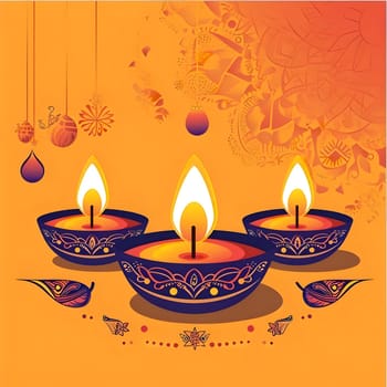 Three illuminated diyas with intricate designs symbolize Diwali celebration, the festival of lights.