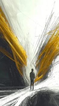 Businessman is standing on a dark surface and looking towards abstract challenges represented by gold and white brush strokes