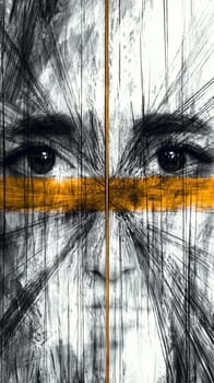 Black and white portrait of a woman with a gold zipper running down the middle of her face, symbolizing the concept of duality and the separation between two opposing forces