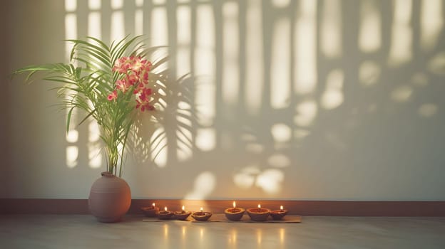 A vase of orchids sits against a white wall with soft sunlight filtering through the window casting shadows. In front of the vase are several lit candles creating a peaceful and serene ambiance.