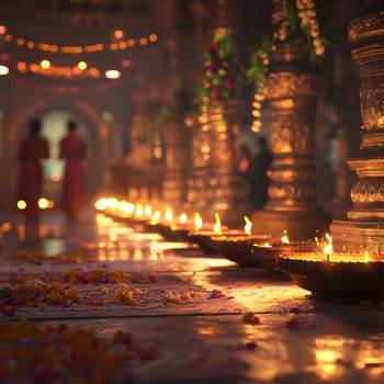 A row of lit diyas create a glowing path leading towards a temple, symbolizing devotion and spirituality.