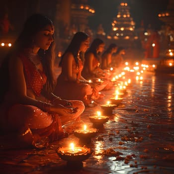 Women in traditional Indian attire are praying with candles in a dark temple