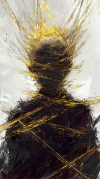 Abstract painting representing a person with their head surrounded by golden light, symbolizing a moment of enlightenment or spiritual awakening