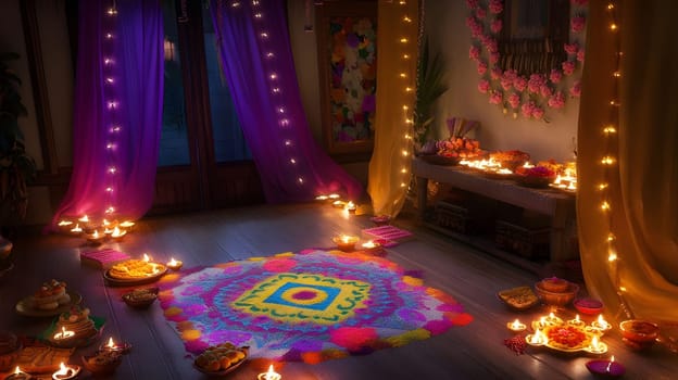 A room decorated for Diwali with candles, rangoli, and traditional offerings.