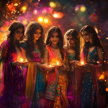 A group of Indian women dressed in vibrant saris celebrating Diwali by holding lit lamps.