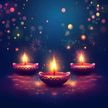 Three lit diyas with fireworks in the background, a festive celebration of Diwali