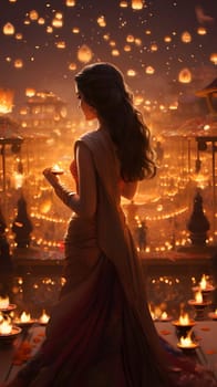 A young woman standing with a lantern in her hand surrounded by floating lanterns. A mystical and magical atmosphere.
