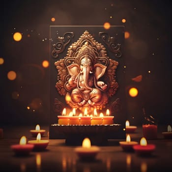 A golden Ganesha idol placed on a black plaque with lit candles in front of it. The image is set against a dark background with bokeh lights.