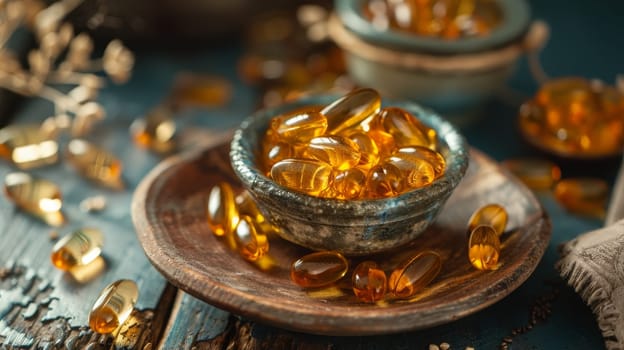 Omega-3 fish oil capsules on a dark wooden background. selective focus. Generative AI, medical