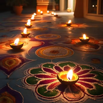 A beautiful image of a traditional Indian festival celebration with lit candles placed on a floor decorated with a colorful design.