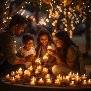 A family gathers around a table with many candles lit, enjoying each other's company and the warm atmosphere.