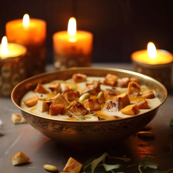 A close-up of a warm creamy soup with toasted toppings in a golden bowl, illuminated by warm candlelight.