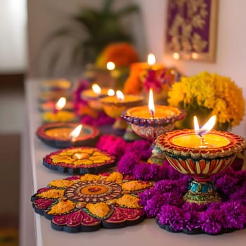A beautiful arrangement of colorful diya candles on a table decorated with flowers. The candles create a warm and inviting atmosphere, representing the joy and celebration of Indian culture.