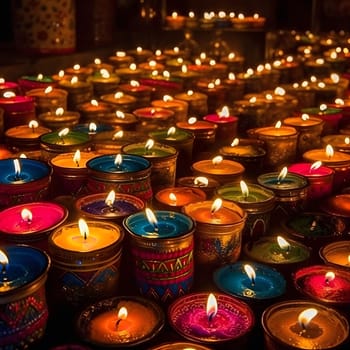 A collection of colorful candles, each with its own unique pattern, illuminate a room with warm, inviting light, creating a festive and spiritual atmosphere.