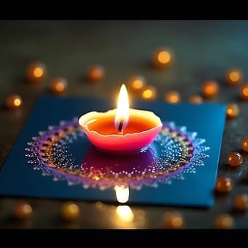 Close-up shot of a burning candle with reflection on a blue surface surrounded by out of focus light.