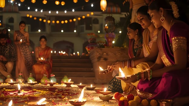 Three women in traditional Indian attire light diyas during a Diwali celebration.