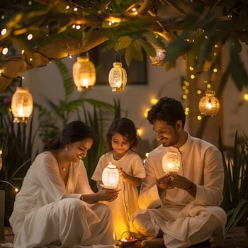 A family of three, a father, mother, and a young daughter, are gathered together under a tree lit with string lights, creating a warm and intimate atmosphere. They are holding glowing lanterns, adding to the festive ambiance of the gathering.