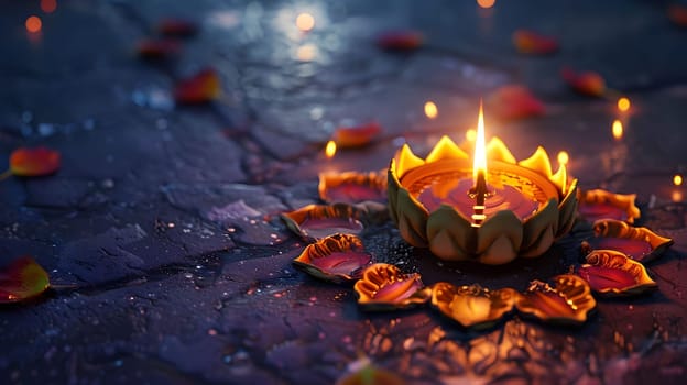 A single lotus shaped candle, lit and glowing with a warm light, sits on a dark stone floor with a few petals scattered around. The candle is surrounded by a circle of similar candle holders that are all unlit.