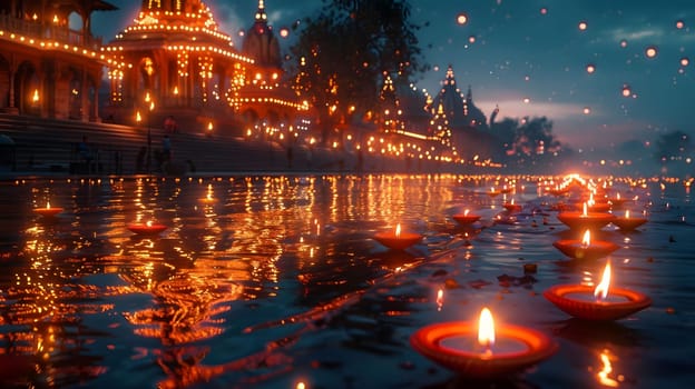 A scenic view of a river with floating candles at night near a temple. The lights reflect on the water, creating a magical and serene atmosphere.