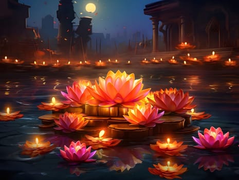 A captivating digital art piece depicting a serene scene of lotus flowers floating on a calm water body under a night sky illuminated by a full moon, creating a serene and mystical atmosphere.