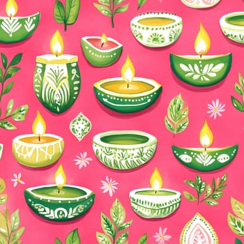 A vibrant pattern featuring traditional Indian diyas, or oil lamps, decorated with intricate floral designs. The diyas are set against a pink background, creating a festive and celebratory atmosphere.