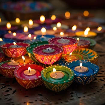 A close up shot of colorful candles lit for Diwali, a Hindu festival of lights. The candles are arranged in a circle, creating a beautiful and festive scene.