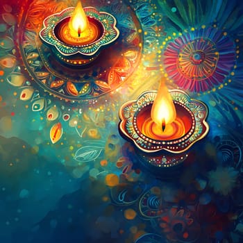 Two lit diya lamps on an ornate background, symbolizing the festival of Diwali.