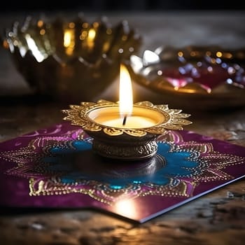 A single candle lit for the celebration of Diwali, a Hindu festival of lights, sits on a decorated platform. The warm glow illuminates the intricate designs and creates a peaceful atmosphere.