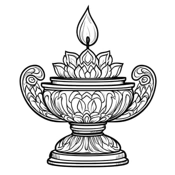 A detailed black and white illustration of an ornate candle holder with a lit flame, featuring intricate floral designs.