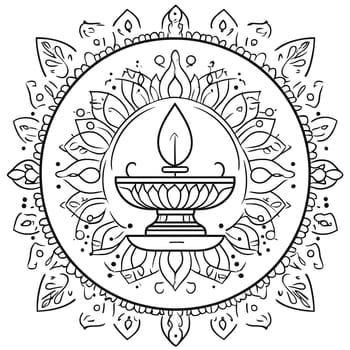 A black and white illustration of a candle design with an ornamental border.