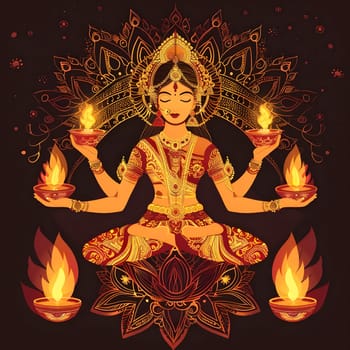 A beautiful illustration of a Hindu goddess holding lamps, symbolizing wealth and prosperity. The intricate design and vibrant colors evoke a sense of spirituality and tradition.