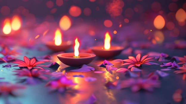 Three candles glow warmly among scattered petals, illuminating the dark surroundings with soft, romantic light.