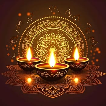 Three lit candles arranged in a symmetrical pattern on a mandala-shaped design. The candles represent hope, joy, and peace in the Hindu festival of Diwali.