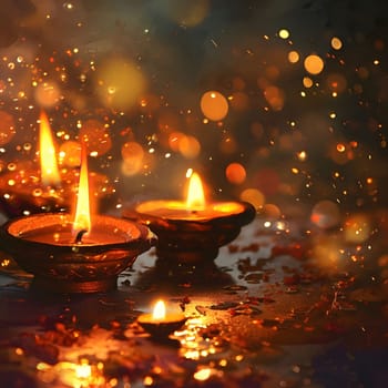 A close-up image of three illuminated diyas, a traditional Indian oil lamp, with warm flames casting a magical glow against a backdrop of sparkling lights.