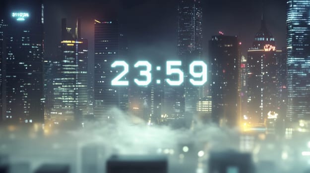 Digital clock is showing 23,59 over a city skyline, with low lying clouds giving a sense of anticipation for the new year