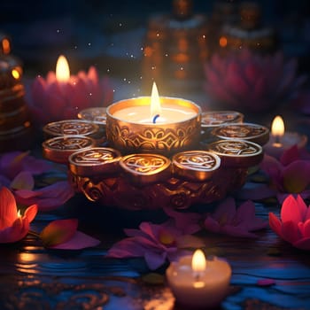 A close-up image of a lit candle surrounded by flowers, radiating warm light and creating a peaceful and spiritual atmosphere.