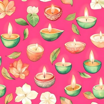 Watercolor illustration of Diwali decorations with candles in pink background.