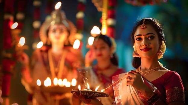 A woman in traditional Indian attire celebrates Diwali, the festival of lights, by lighting candles.