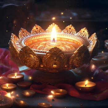 A golden diya with a warm glow, surrounded by smaller candles. The diya is beautifully crafted and has a intricate design. The light from the candles creates a warm and inviting atmosphere, making the scene feel festive and spiritual
