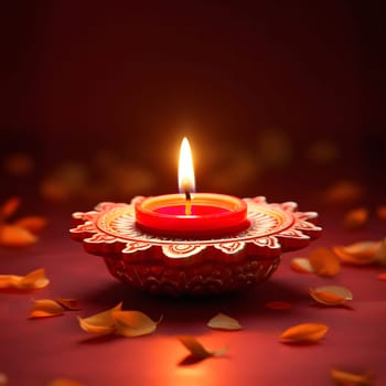 A lit diya, a traditional Indian oil lamp, set against a dark red background with scattered petals. The diya is a symbol of light and hope, often used during Diwali celebrations.