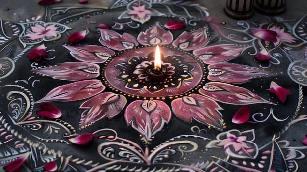 A beautiful mandala with a lit candle in the center surrounded by rose petals