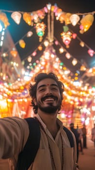 A young man with a beard smiles at the camera in front of a colorful backdrop of lights.