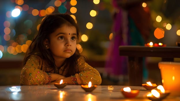 A young girl in traditional Indian attire gazes thoughtfully during Diwali festivities, surrounded by glowing diyas.