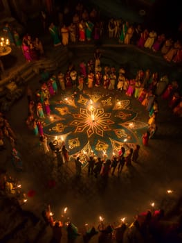 A group of people are gathered in a courtyard, celebrating Diwali, the festival of lights. They are holding candles and lamps, illuminating the space with bright, festive light.