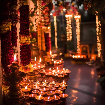 A close up of a Diwali festival celebration with a table full of lit candles surrounded by garlands and string lights.