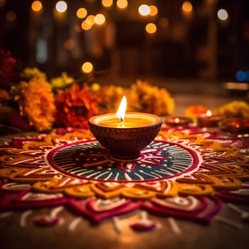 A lit diya candle rests on a colorful mandala, symbolizing the joy and hope of Diwali.