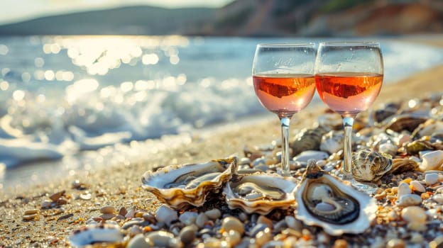 A glass of wine near the sea against the sky at sunset. selective focus. Generative AI, food