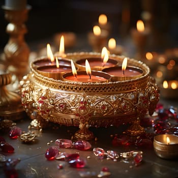 A close-up of a golden holder with lit candles, radiating warmth and light
