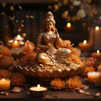 A golden statue of a goddess, sitting on a lotus base and surrounded by lit candles, creating a peaceful and spiritual atmosphere.